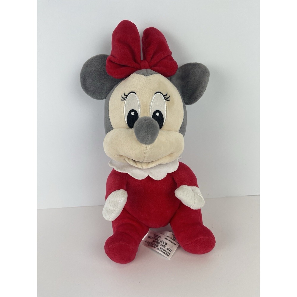 Disney Parks Minnie Mouse My First Christmas Plush Red Gray with Bow Size 12"